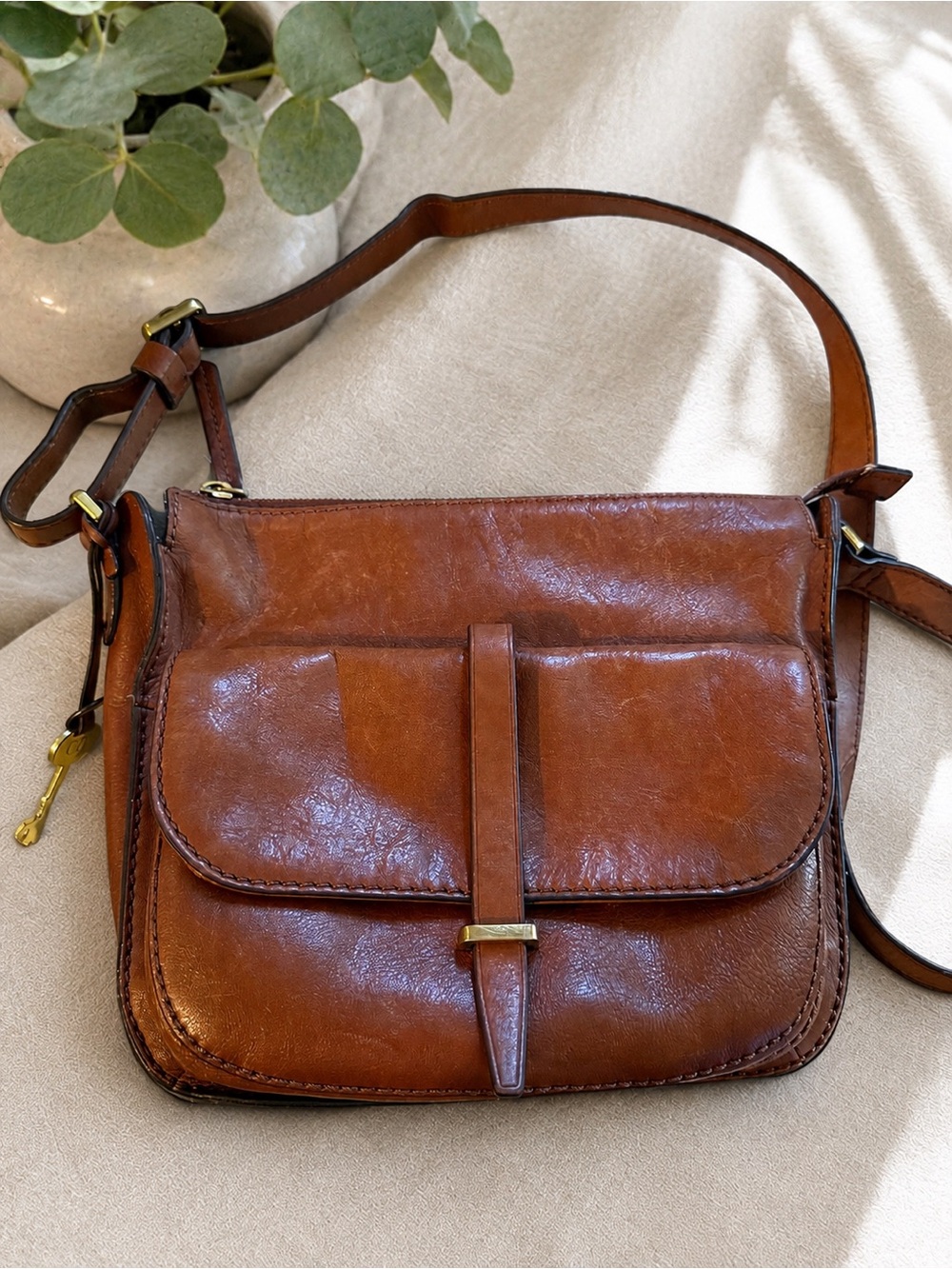 Fossil Cognac Brown Leather Crossbody Bag